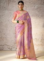 Kora Banarasi Lilac Wedding Wear Zari Work Saree